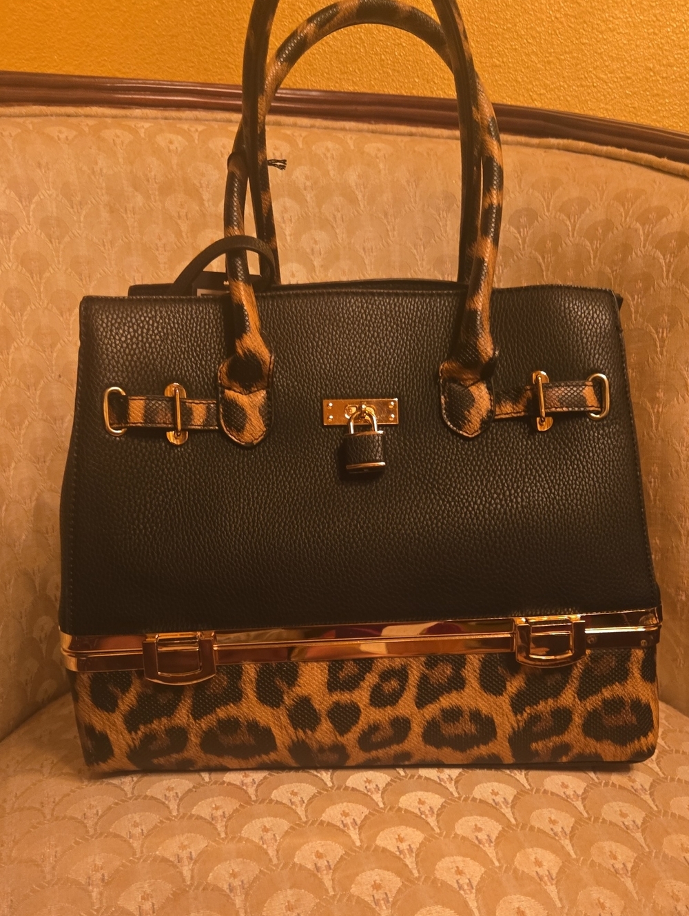 Black & Leopard Print Structured Satchel Handbag
